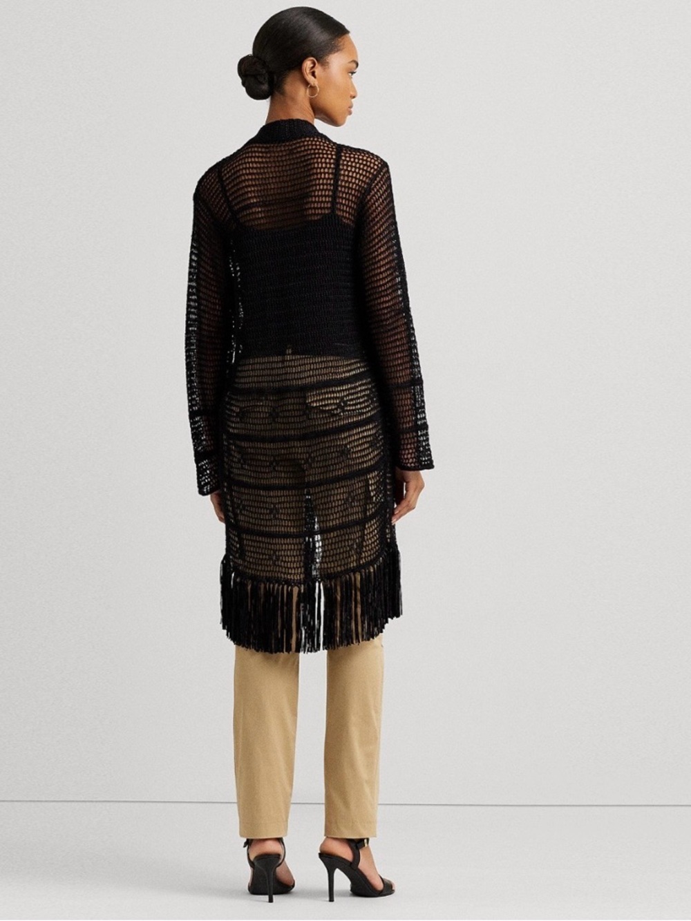 Lauren Ralph Lauren Pointelle-Knit Black Open-Knit Fringe Cardigan, Medium - Picture 7 of 9